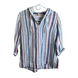 LL Bean 100%‎ Linen Hooded Blouse Top Women Size Small Red White Blue Stripe